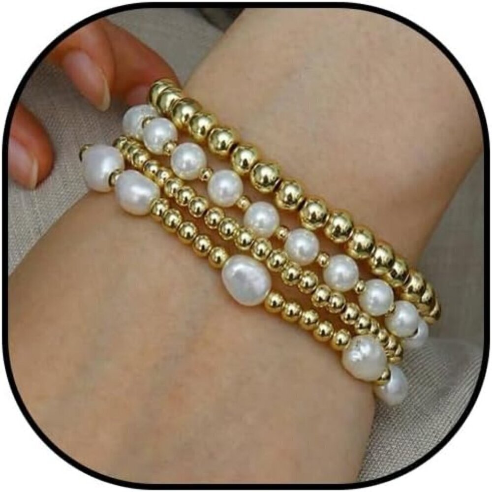 Gold Beaded Pearl Bracelets for Women Layered Stackable Jewelry Gift Paperclip